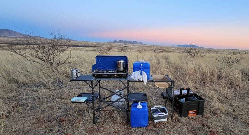 camp kitchen setup in the grasslands of southern arizona before we found the best quick dry towel for camping